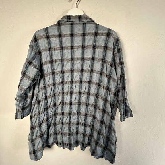 Cut Loose Womens Plaid Crinkle Button-Up Shirt Medium Blue & Gray Linen Blend - Picture 2 of 7